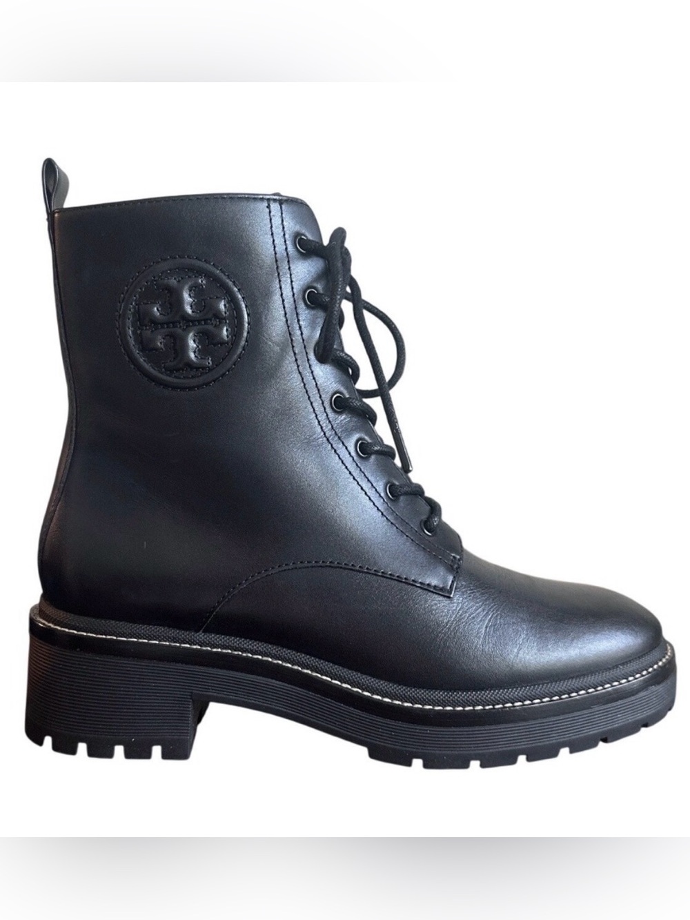 Tory Burch Miller 50mm Black Leather Lug Sole Combat Boots Size 8
